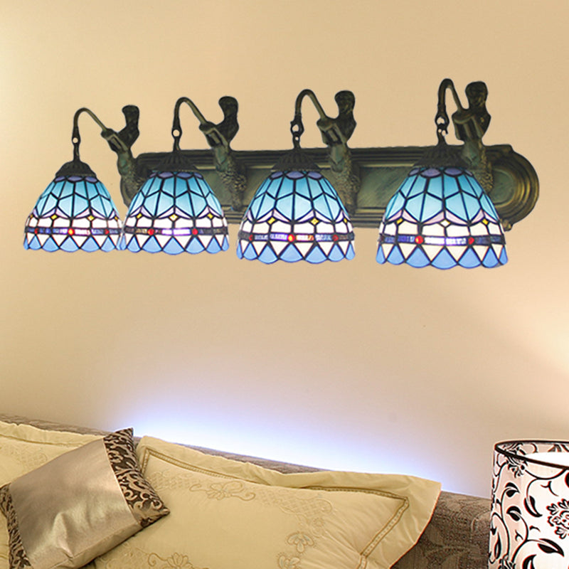 Mediterranean Bronze Wall Mounted Sconce Light With 4 Dome Blue Glass Heads For Living Room