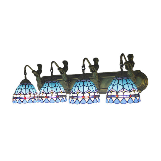 Mediterranean Bronze Wall Mounted Sconce Light With 4 Dome Blue Glass Heads For Living Room
