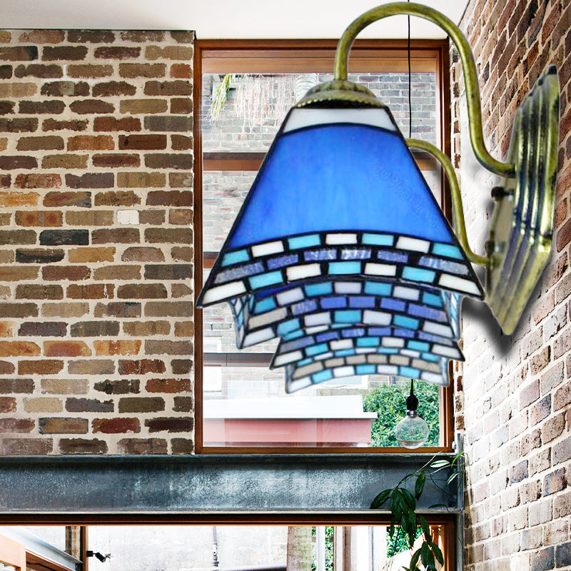 Blue Glass Pyramid Wall Light With Mediterranean Charm And 2 Bronze Sconce Heads