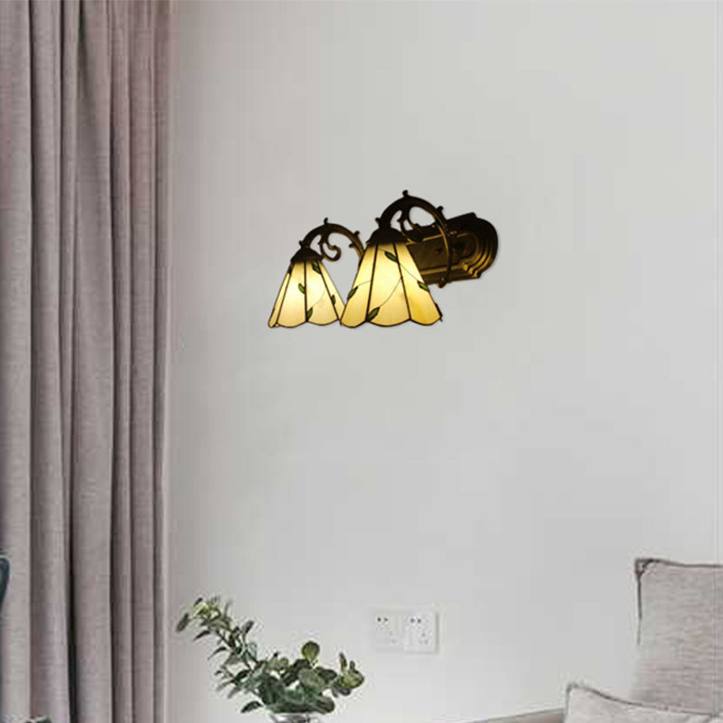 Leafy Beige Tiffany Rustic Wall Light With Dual Conical Heads - Ideal For Study Room