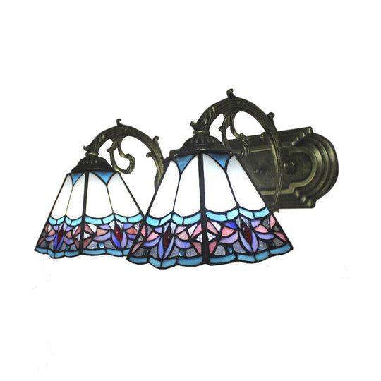 Blue Stained Glass Wall Sconce With Curved Arm - 2 Bulbs Pyramid Style For Corridor