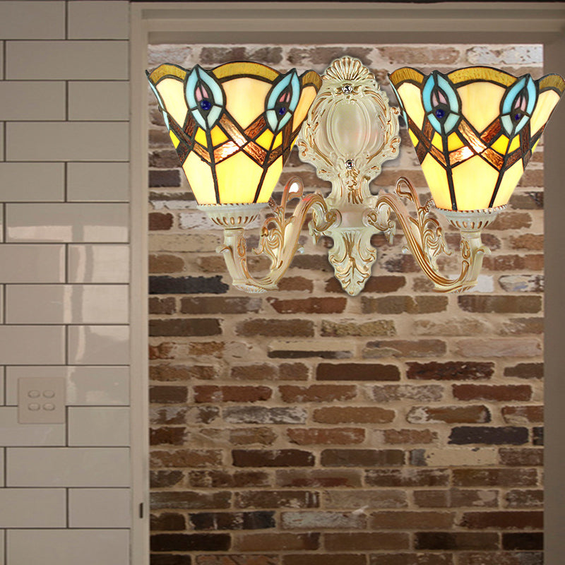 Victorian Tiffany Cone Gallery Wall Light With Carved Arm Stained Glass - Beige