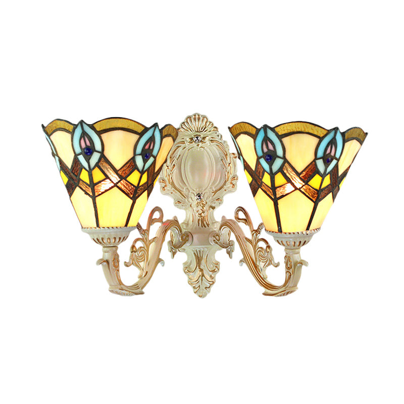 Victorian Tiffany Cone Gallery Wall Light With Carved Arm Stained Glass - Beige