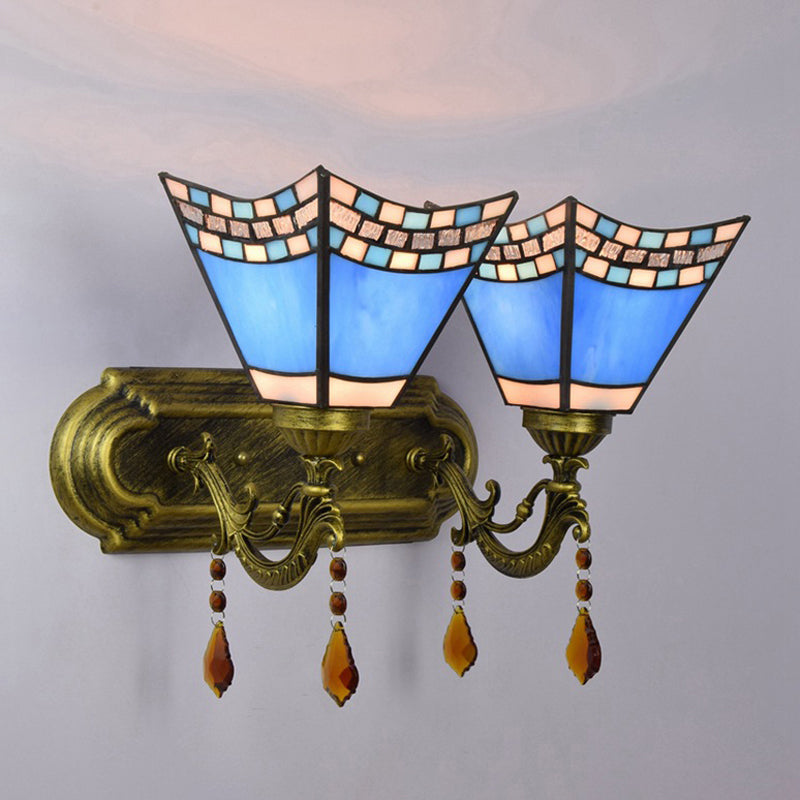 Artisan Blue Sconce Light: Agate 2-Bulb Mediterranean Stained Glass Wall Fixture For Foyer