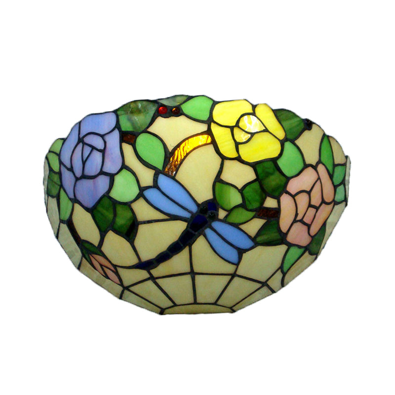 Tiffany Stained Glass Wall Sconce With Colorful Flower And Butterfly Design For Balcony Decor