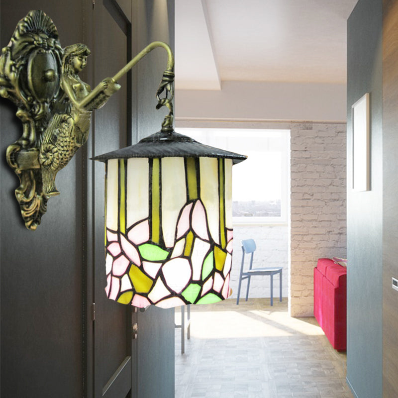 Tiffany Beige Glass Cylinder Sconce: Wall-Mounted Hallway Light With Flower Pattern