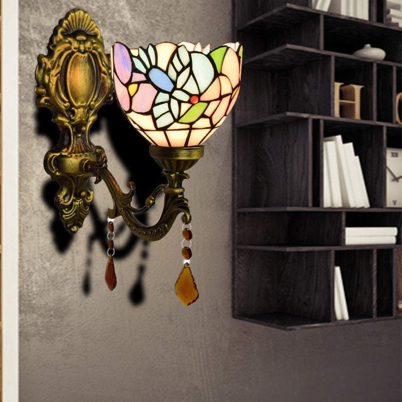 Stained Glass Blossom Bird Wall Sconce With Agate Deco In Antique Brass For Bedroom