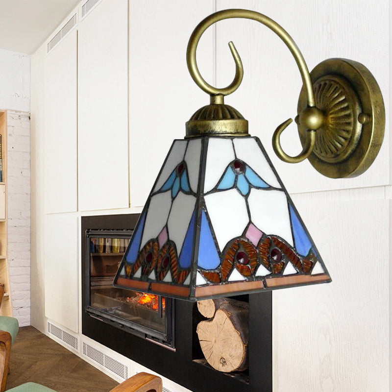 Tiffany Blue Stained Glass Wall Sconce With Scrolling Arm - 1 Head Pyramid Light Fixture