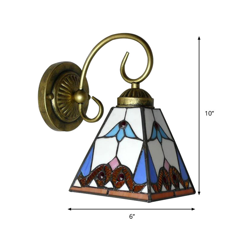 Tiffany Blue Stained Glass Wall Sconce With Scrolling Arm - 1 Head Pyramid Light Fixture