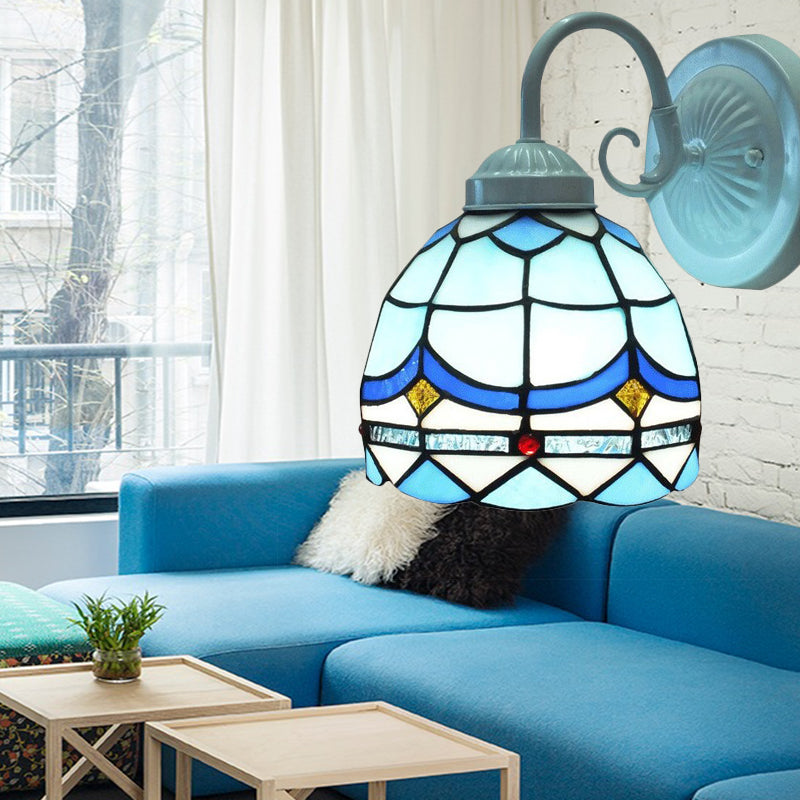 Small Tiffany Stained Glass Wall Light - Blue 1-Head Sconce In White Finish For Living Room