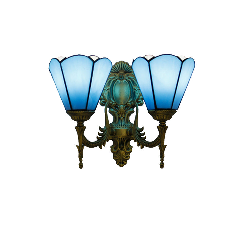 Traditional Blue Glass Cone Wall Sconce: Double Mount Lighting For Dining Room