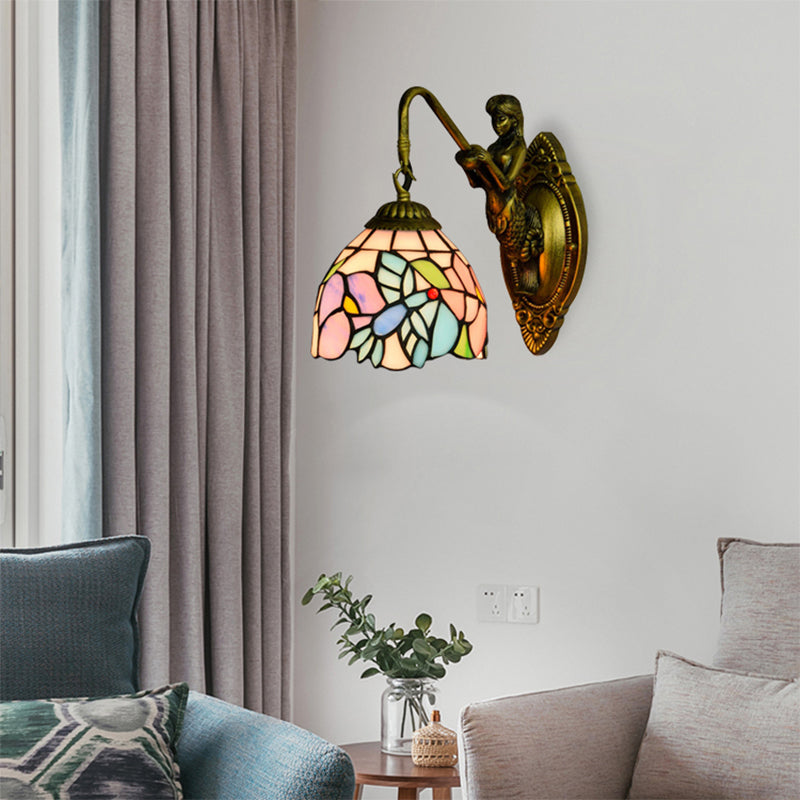 Multicolor Stained Glass Wall Sconce - Tiffany Style Blue-Pink Bowl Design