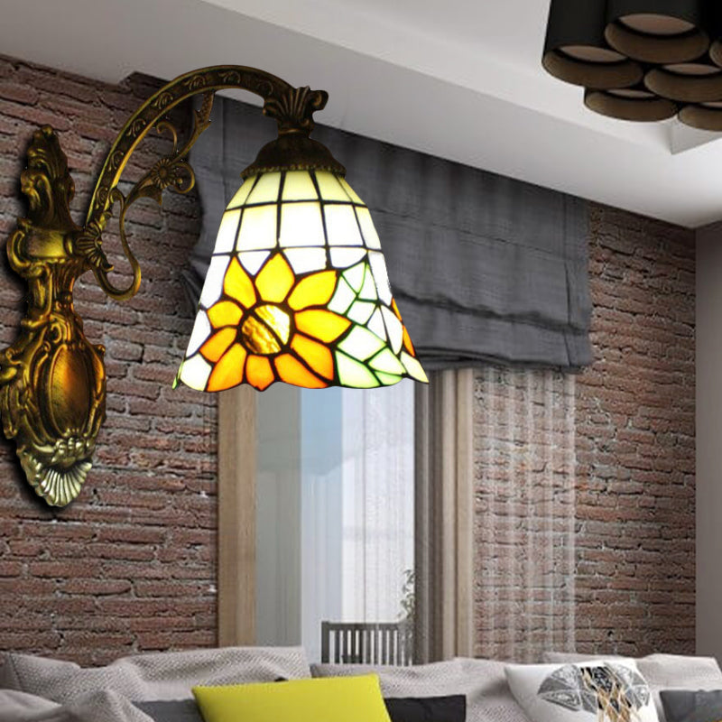 Rustic Yellow Glass Bell Shade Wall Sconce With Sunflower Design - Villa Décor