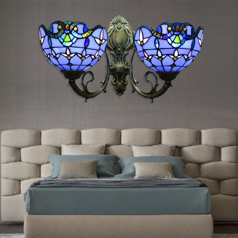 Village Stained Glass Tulip Wall Sconce With Curved Arm - Blue Bowl Shade 2 Lights