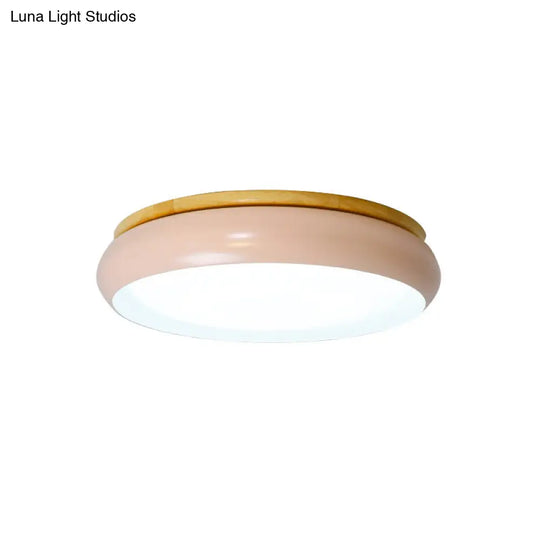 18/21.5 Dia Led Flush Mount Drum Lamp In Macaron Wood White/Pink/Green - White/Warm/Natural Light