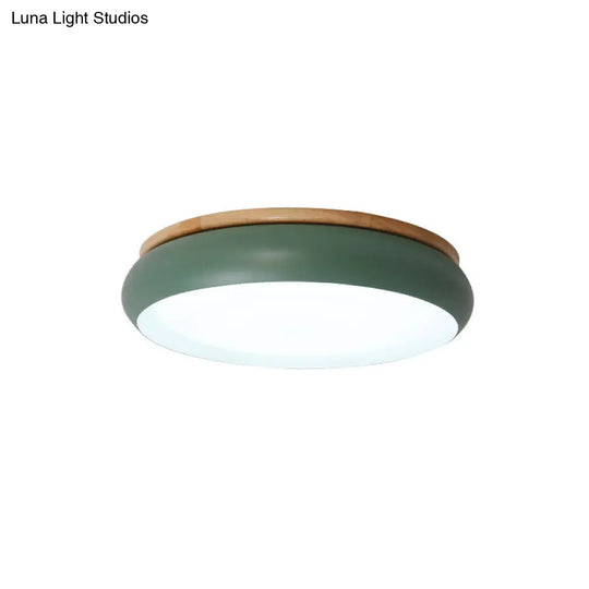 18/21.5 Dia Led Flush Mount Drum Lamp In Macaron Wood White/Pink/Green - White/Warm/Natural Light