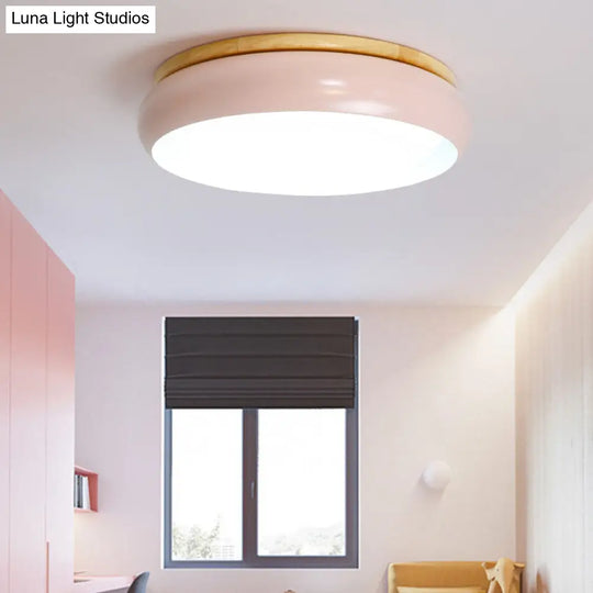 18’/21.5’ Dia Led Flush Mount Drum Lamp In Macaron Wood White/Pink/Green - White/Warm/Natural Light