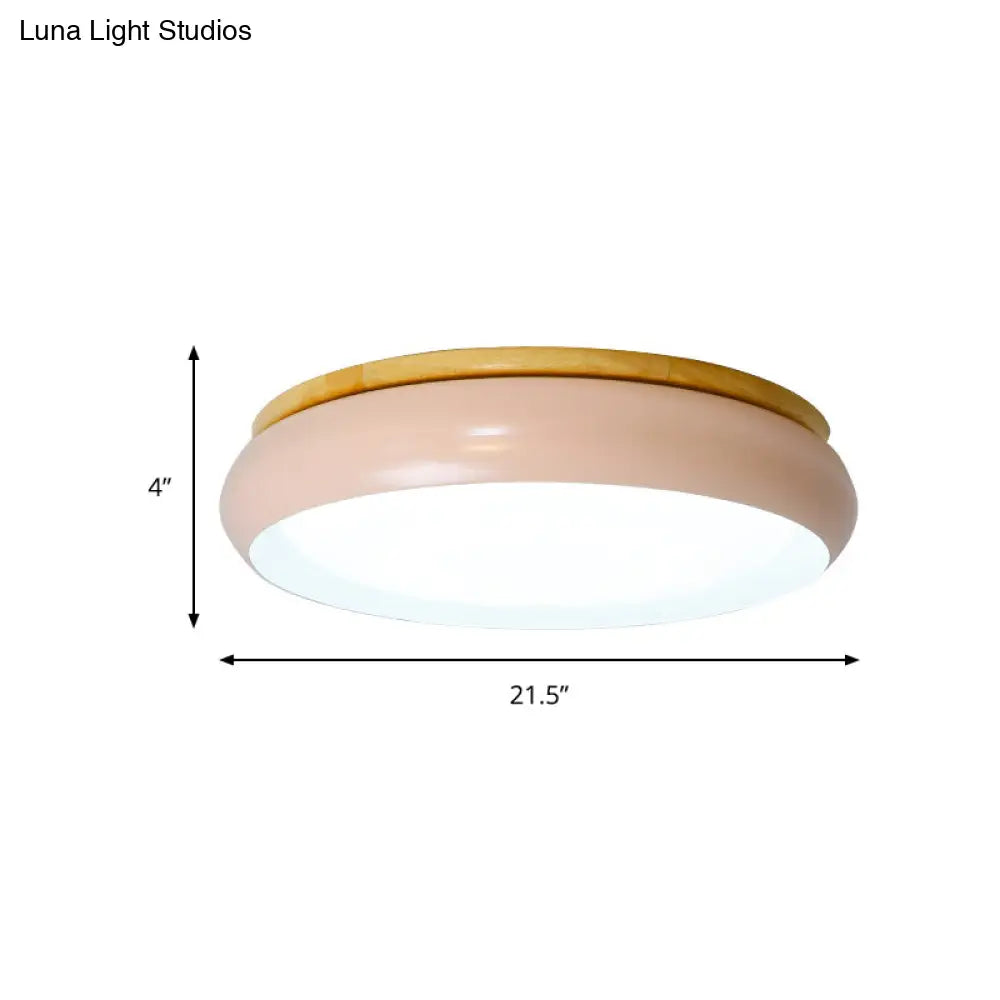 18’/21.5’ Dia Led Flush Mount Drum Lamp In Macaron Wood White/Pink/Green - White/Warm/Natural Light