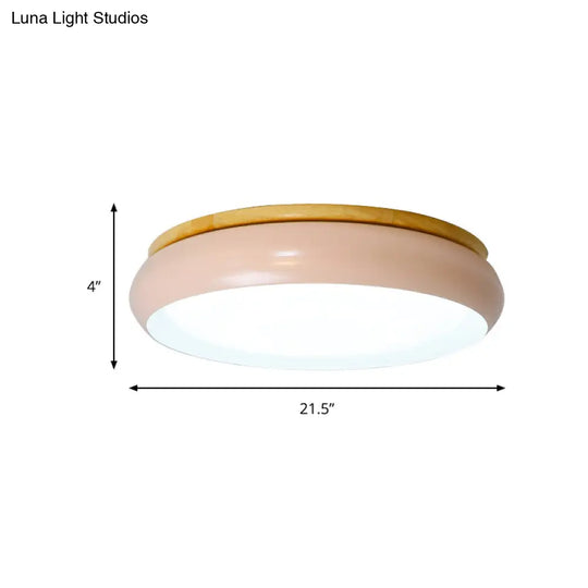 18’/21.5’ Dia Led Flush Mount Drum Lamp In Macaron Wood White/Pink/Green - White/Warm/Natural Light