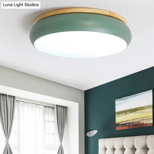 18/21.5 Dia Led Flush Mount Drum Lamp In Macaron Wood White/Pink/Green - White/Warm/Natural Light