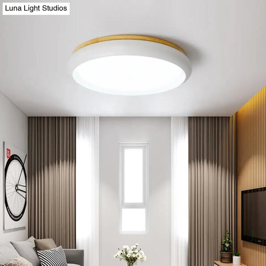 18/21.5 Dia Led Flush Mount Drum Lamp In Macaron Wood White/Pink/Green - White/Warm/Natural Light