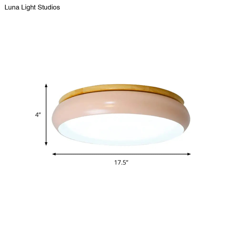 18’/21.5’ Dia Led Flush Mount Drum Lamp In Macaron Wood White/Pink/Green - White/Warm/Natural Light