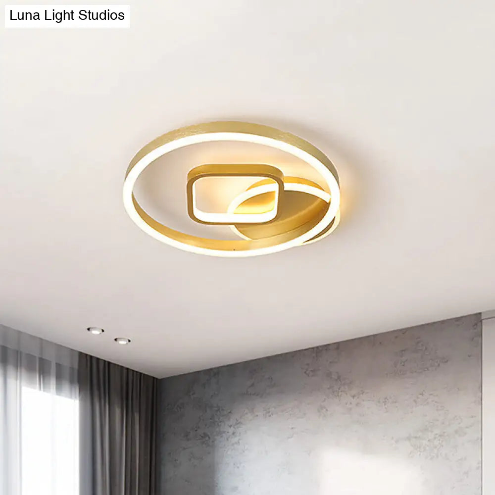 18/22 Wide Led Flush Mount Lamp - Minimal Metal Golden Circle And Square Ceiling Light In Warm/White