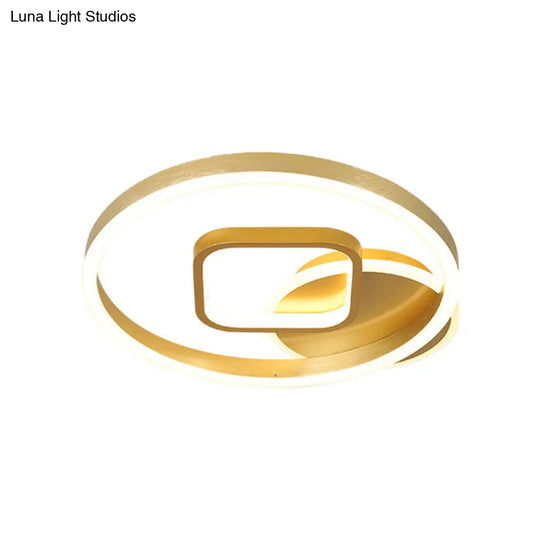 18/22 Wide Led Flush Mount Lamp - Minimal Metal Golden Circle And Square Ceiling Light In Warm/White