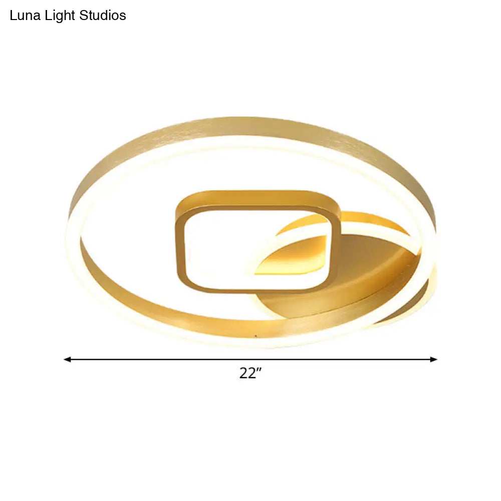 18/22 Wide Led Flush Mount Lamp - Minimal Metal Golden Circle And Square Ceiling Light In Warm/White