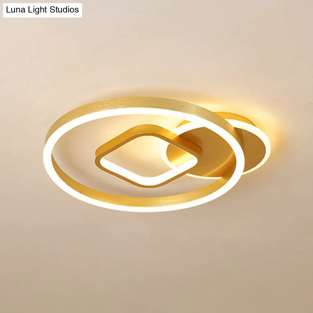 18’/22’ Wide Led Flush Mount Lamp - Minimal Metal Golden Circle And Square Ceiling Light In