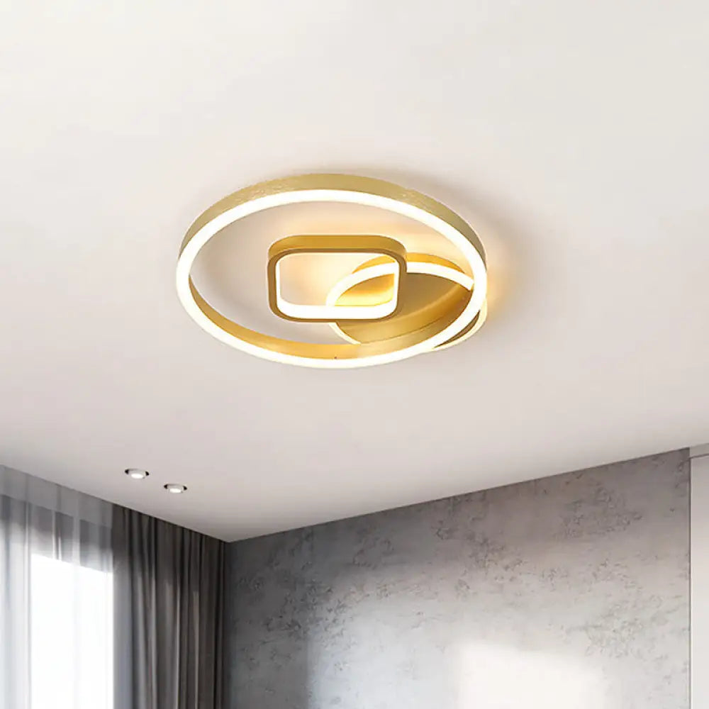 18’/22’ Wide Led Flush Mount Lamp - Minimal Metal Golden Circle And Square Ceiling Light In