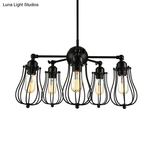 Farmhouse Wire Cage Iron Chandelier - 18/25.5 W 5-Light Ceiling Light Fixture In Black With Bulb