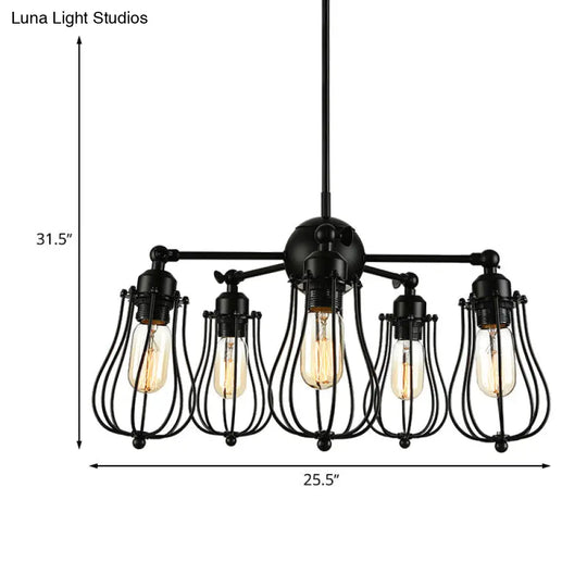 Farmhouse Wire Cage Iron Chandelier - 18/25.5 W 5-Light Ceiling Light Fixture In Black With Bulb