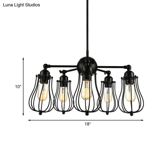 Farmhouse Wire Cage Iron Chandelier - 18/25.5 W 5-Light Ceiling Light Fixture In Black With Bulb