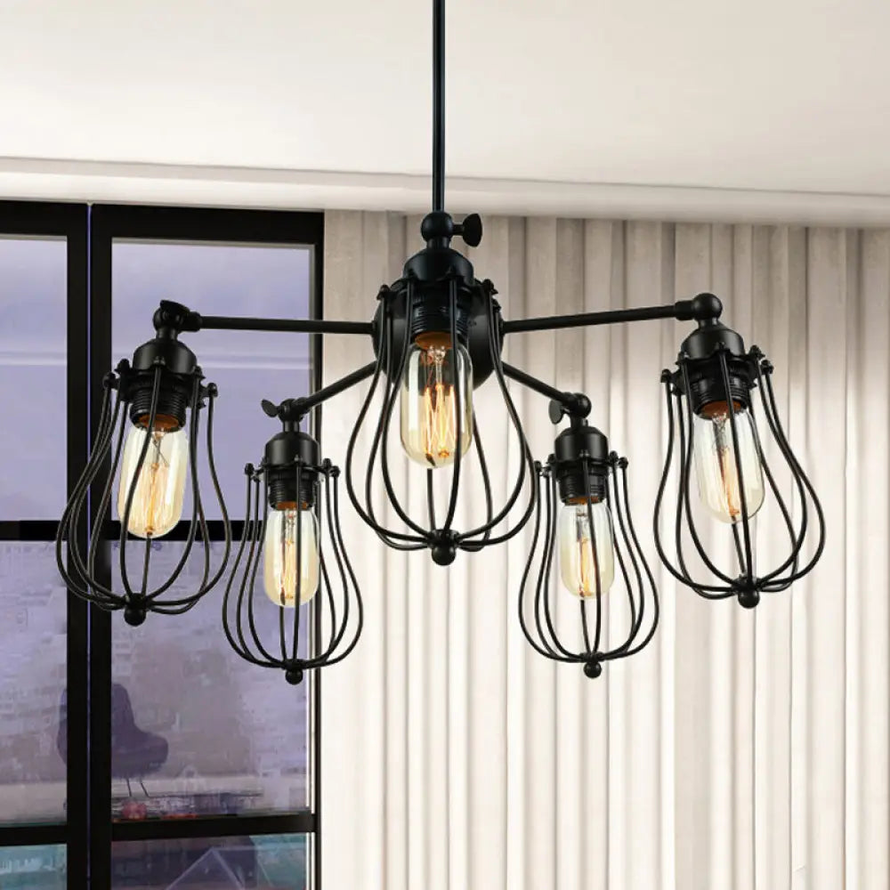 18’/25.5’ W 5-Light Farmhouse Wire Cage Chandelier In Black - Ceiling Light Fixture / 25.5’