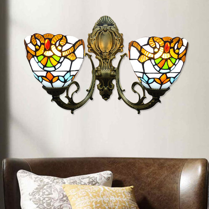 Victorian Stained Glass Wall Light With Dual Heads - 11 Height Perfect For Bedroom Brass