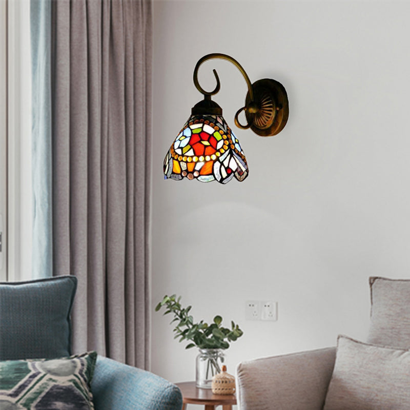 Tiffany Multicolor Stained Glass Flower Wall Sconce Light Fixture - Rustic 1-Head Design Rust