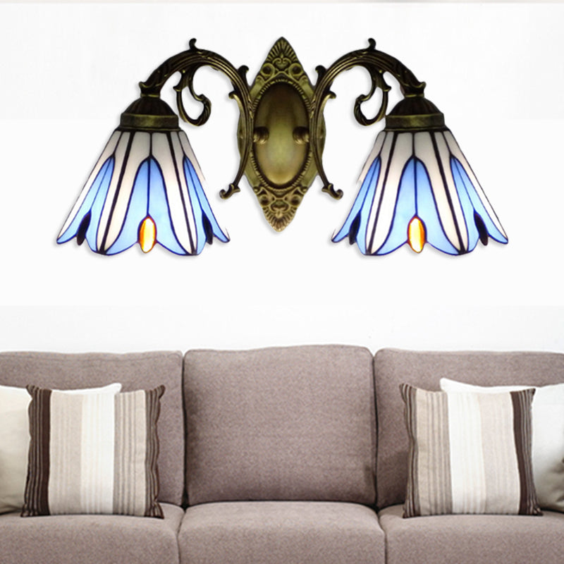 Blue Stained Glass Floral Sconce - 2-Light Wall Fixture For Corridor In Tiffany Style