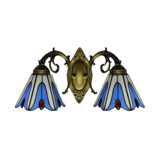 Blue Stained Glass Floral Sconce - 2-Light Wall Fixture For Corridor In Tiffany Style