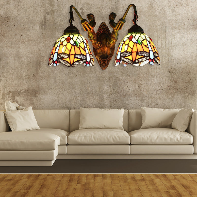 Baroque Dragonfly Wall Light With 2 Orange Glass Sconces - Optional Switch / No