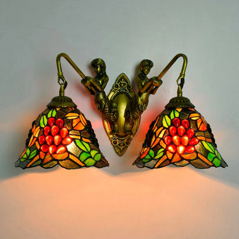Tiffany Stained Glass Bell Sconce Light Fixture - Red Yellow Green 2 Heads Wall Mount Bedroom