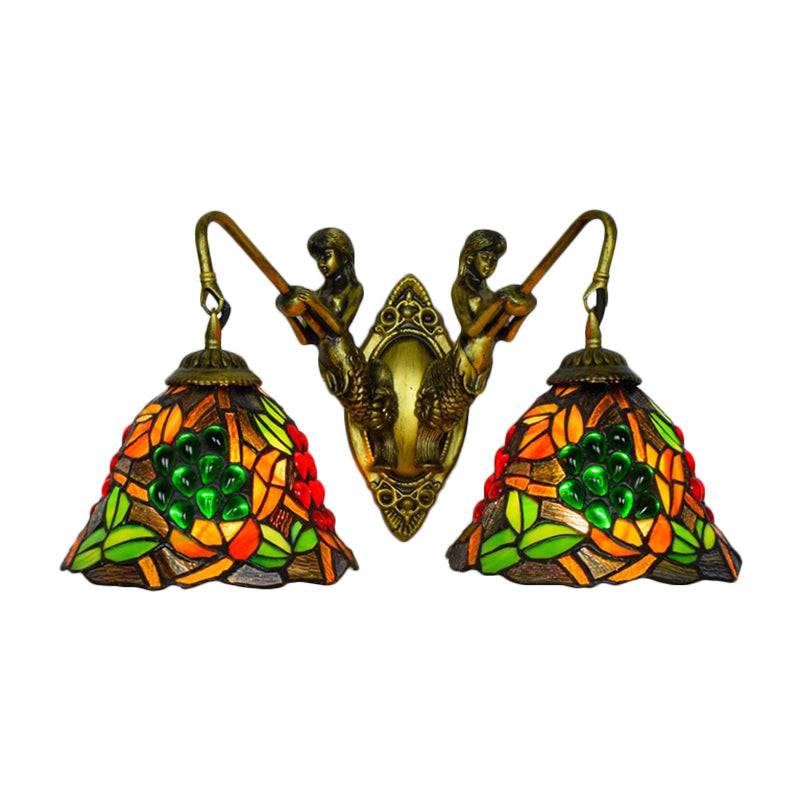 Tiffany Stained Glass Bell Sconce Light Fixture - Red Yellow Green 2 Heads Wall Mount Bedroom