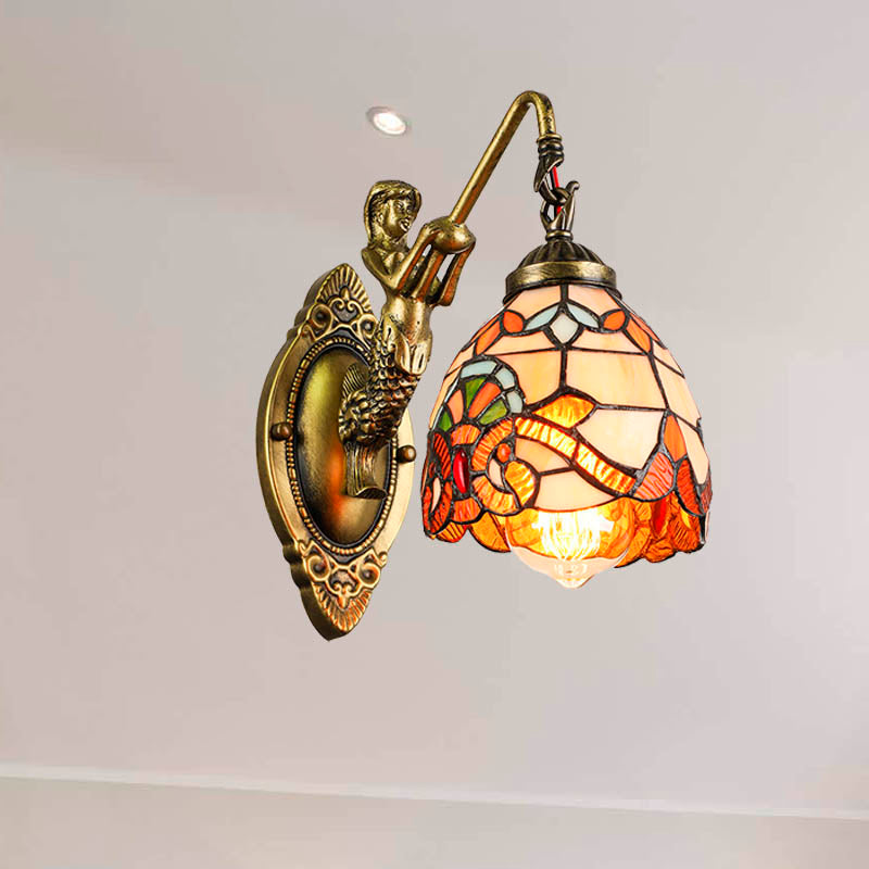 Vintage Dome Sconce Light 5.5 Width Stained Glass Fixture With Mermaid Design - 1 Orange