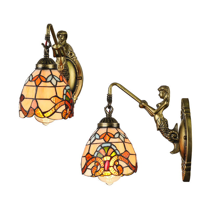 Vintage Dome Sconce Light 5.5 Width Stained Glass Fixture With Mermaid Design - 1