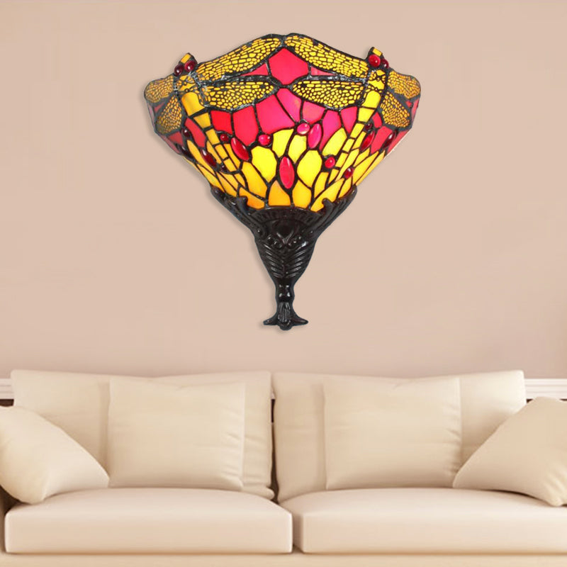 Dragonfly Stained Glass Wall Sconce Lamp - Multicolored Lodge Lighting For Bedrooms Red-Yellow