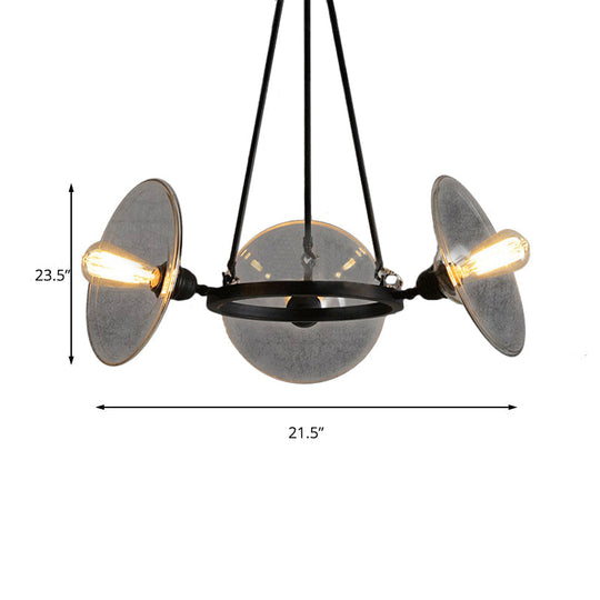 Industrial Black Chandelier With Clear Glass Disc Shades - 3-Light Pendant Fixture For Living Room