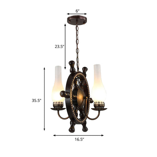 Industrial 2-Light Pendant Chandelier In Oil Rubbed Bronze With White Glass Bottle Shades