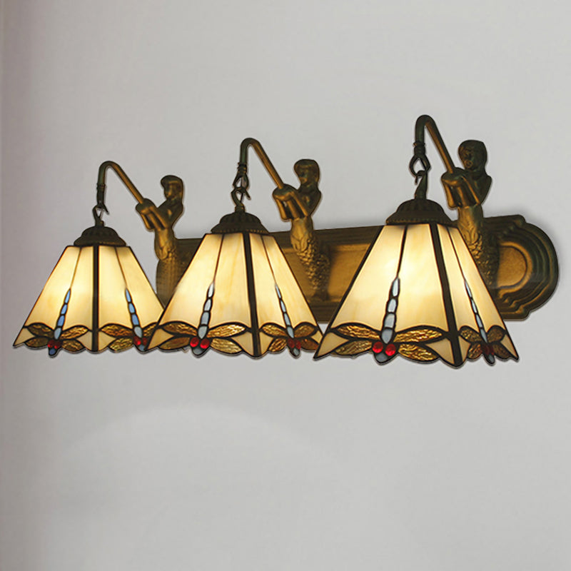 Tiffany Dragonfly Sconce Lighting With Mermaid Backplate - 3-Head Beige Glass Wall Mount Light