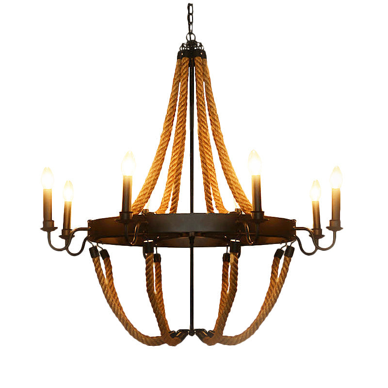 Metal Empire Chandelier - Lodge Style Pendant Lighting for Living Room with Rope Detail, 6/8 Lights, Black