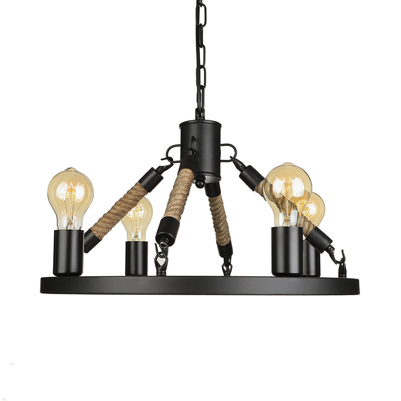 Industrial Black Wrought Iron Chandelier Light with 4 Heads, Open Bulb Pendant and Chain